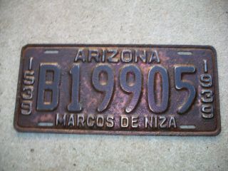 1939 Arizona Rare Marcos De Niza Metal License Plate,  Arizona History.