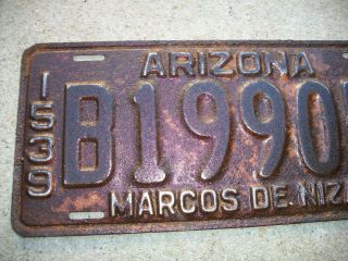 1939 Arizona RARE Marcos DE Niza Metal License Plate,  Arizona History. 2