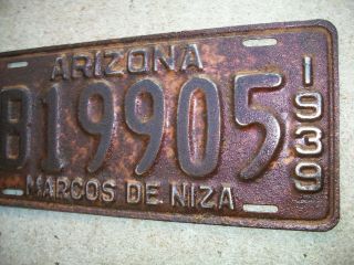 1939 Arizona RARE Marcos DE Niza Metal License Plate,  Arizona History. 3