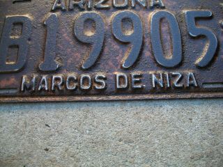 1939 Arizona RARE Marcos DE Niza Metal License Plate,  Arizona History. 4