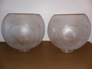 2 Very Old & Rare Matching Masonic Gas Lantern Glass Globes,  Freemasons Symbols