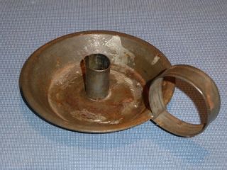 19th C Old Early Tin Primitive Bed Chamber Candle Holder Chamberstick Big Handle