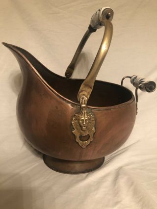 ANTIQUE BRASS COAL SCUTTLE W/ PORCELAIN DELFT HANDLES 6