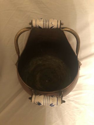 ANTIQUE BRASS COAL SCUTTLE W/ PORCELAIN DELFT HANDLES 9