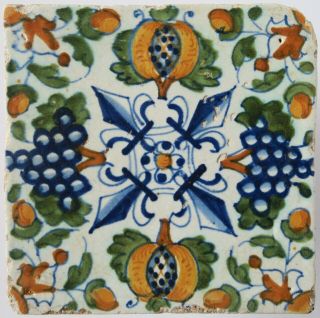 An Early Antique Dutch Maiolica Delft Delftware Tile Carreau Pomegranates 1620