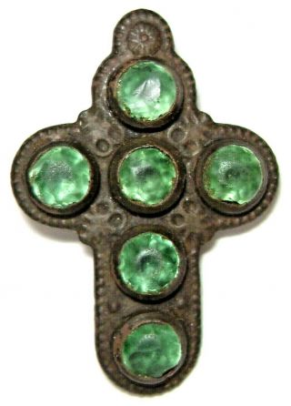 Ancient Rare Late Medieval Bronze Pendant In Form Of Cross With 6 Green Stones.