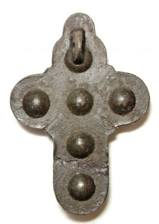 Ancient RARE Late Medieval Bronze Pendant in form of Cross with 6 green stones. 2