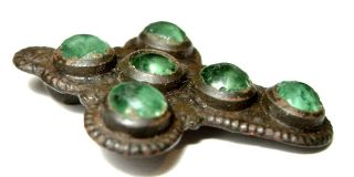 Ancient RARE Late Medieval Bronze Pendant in form of Cross with 6 green stones. 3