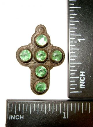 Ancient RARE Late Medieval Bronze Pendant in form of Cross with 6 green stones. 6