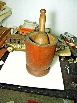 19th Century American Antique Mortar & Pestle In Red Paint