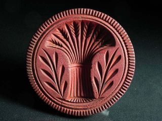 Antique Carved Wood Butter Stamp Mold Sheaf Of Wheat Red 4.  5 "
