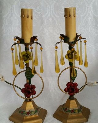 Antique Art Deco Art Nouveau Era Figural Floral Table Lamps Enameled Chabby