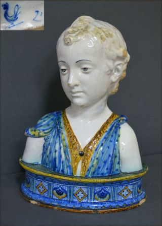 Large Antique Italian Glazed Terracotta Renaissance Child Bust Cantagalli Robbia