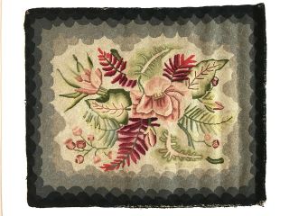Vintage Handmade Rare Hooked Rug,  Floral Motif,  From Martha 