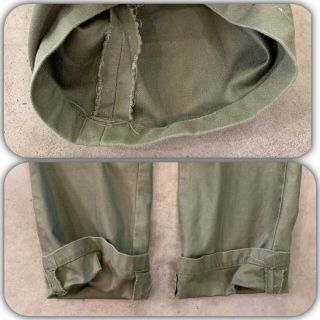 VTG 40s WWII US Army OD Cotton Field Pants 29.  5 Waist Button Fly M43 Selvedge 12