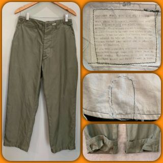 Vtg 40s Wwii Us Army Od Cotton Field Pants 29.  5 Waist Button Fly M43 Selvedge