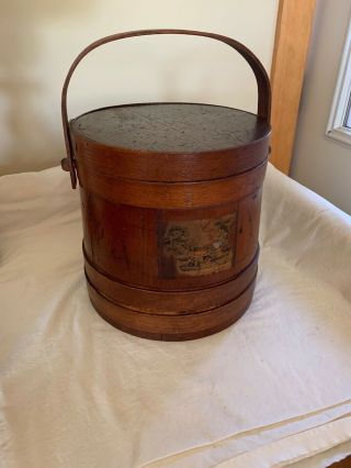 Antique Vintage Primitive Wooden Firkin Sugar Bucket W/ Lid Cover Pegged Handle