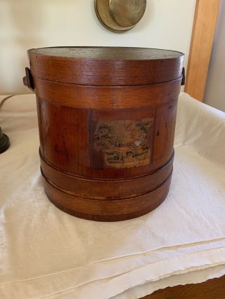 Antique Vintage Primitive Wooden Firkin Sugar Bucket w/ Lid Cover Pegged Handle 2