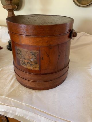 Antique Vintage Primitive Wooden Firkin Sugar Bucket w/ Lid Cover Pegged Handle 4