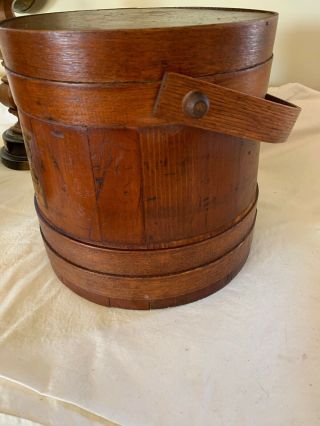 Antique Vintage Primitive Wooden Firkin Sugar Bucket w/ Lid Cover Pegged Handle 5