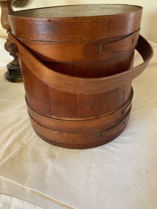 Antique Vintage Primitive Wooden Firkin Sugar Bucket w/ Lid Cover Pegged Handle 6