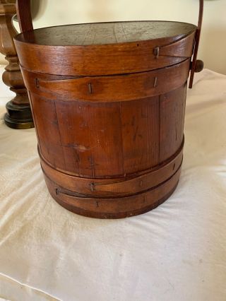 Antique Vintage Primitive Wooden Firkin Sugar Bucket w/ Lid Cover Pegged Handle 7