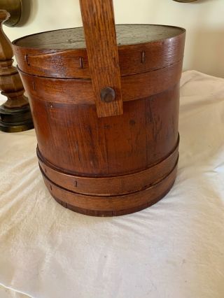 Antique Vintage Primitive Wooden Firkin Sugar Bucket w/ Lid Cover Pegged Handle 8