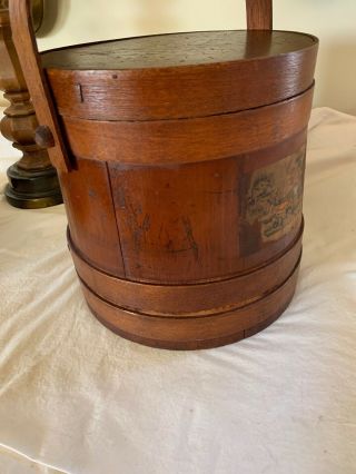 Antique Vintage Primitive Wooden Firkin Sugar Bucket w/ Lid Cover Pegged Handle 9