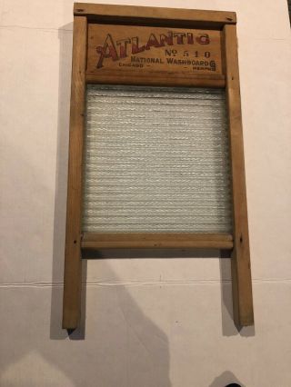 Vintage Rare Antique Atlantic No 510 National Glass Wood Washboard Ribbed Glass 2