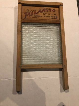 Vintage Rare Antique Atlantic No 510 National Glass Wood Washboard Ribbed Glass 3