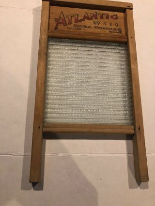 Vintage Rare Antique Atlantic No 510 National Glass Wood Washboard Ribbed Glass 8
