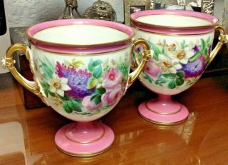 Pair Antique 19th Century Old Paris Porcelain Urns W Hand - Painted Flowers