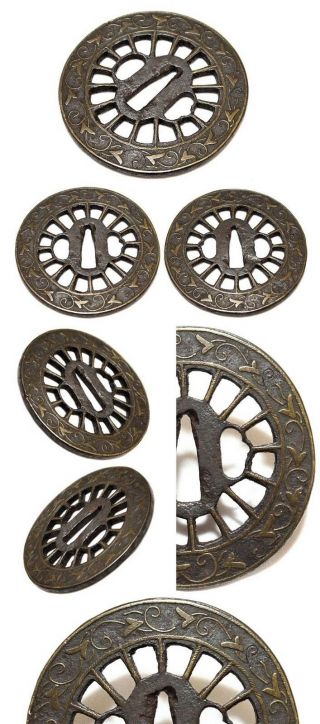 Japanese Samurai Sword 84mm Iron Heianjo Sukashi Wheel Nawame Rope Tsuba 4