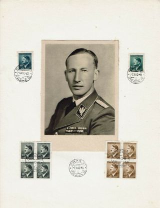 Ww Ii Reinhard Heydrich Comemorative Poster With Hitler Stamps