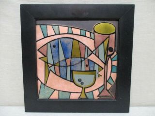 Signed Judith Daner " Jd " Fish W/ Wine Glass Martini Art Enamel On Copper Framed