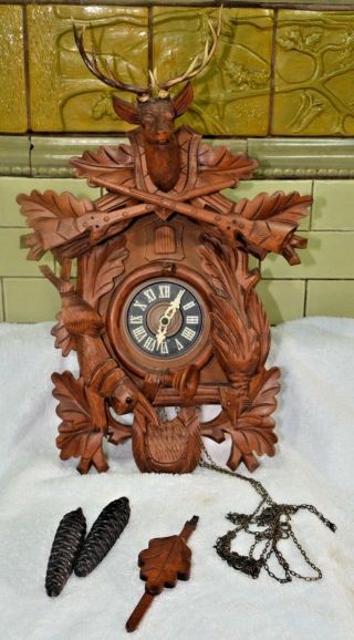 Vintage Large German Cuckoo Clock Black Forest Hunter Style 18 " X12 "