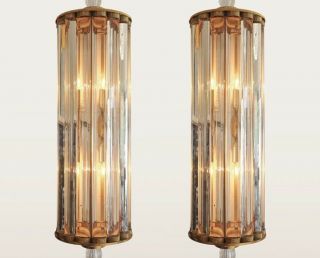 Pair Vintage Art Deco Skyscraper Brass & Glass Rod Ship Light Wall Sconces Lamp