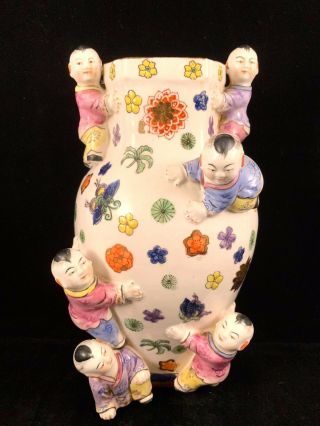 Chinese Antique Famille Rose Porcelain Vase With Six Kids And Qing Dynasty Mark