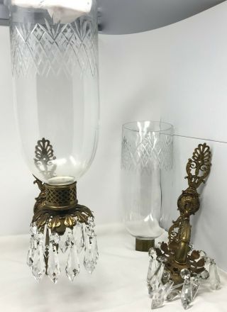 2 Vintage French Brass Swans Sconces Cut Crystal Hurricane Candle Stamped