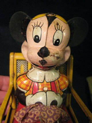 Vintage Tin Wind Up Toy Knitting Minnie Mouse Linemar Disney Rocking Chair 12