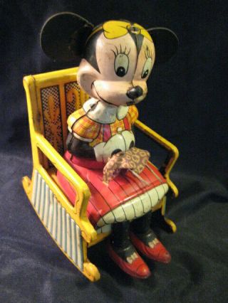 Vintage Tin Wind Up Toy Knitting Minnie Mouse Linemar Disney Rocking Chair