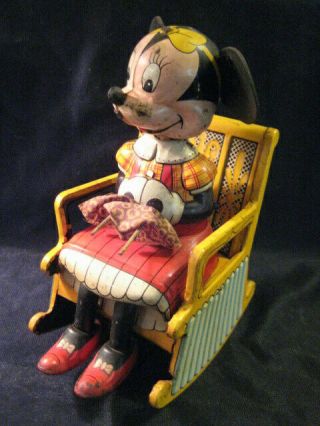 Vintage Tin Wind Up Toy Knitting Minnie Mouse Linemar Disney Rocking Chair 2