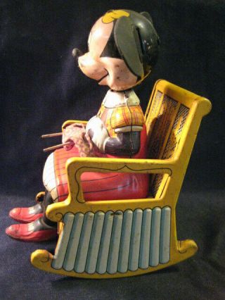 Vintage Tin Wind Up Toy Knitting Minnie Mouse Linemar Disney Rocking Chair 3