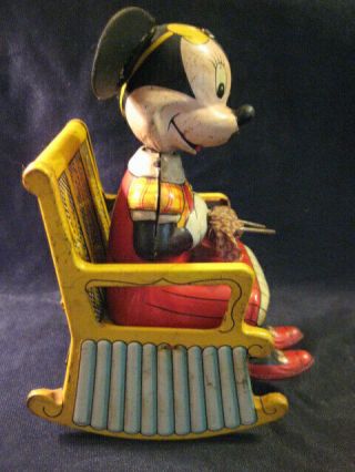 Vintage Tin Wind Up Toy Knitting Minnie Mouse Linemar Disney Rocking Chair 5