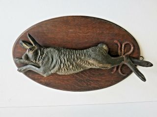 Antique Old Plaster Sculpture Of A Hunted Rabbit On Oak Wood Board 58cm / 23.  2 "