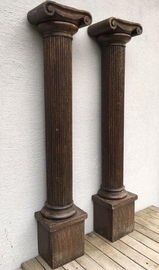 Antique Pair Ionic Columns 36” Posts Carved Architectural Solid Oak Wood