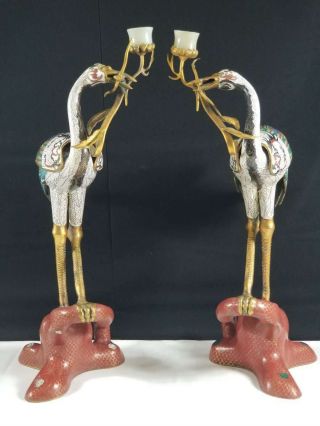 Antique Pair Chinese Cloisonne Enameled Crane Candle Holders,  White Jade