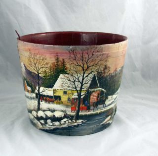 Noteworthy American Folk Art Hand Painted Sap Bucket England Winter Scene
