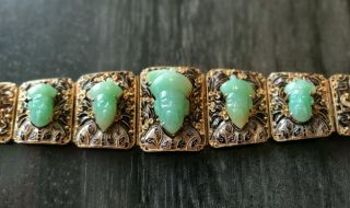 Antique Vintage Chinese Gilt Silver Filigree Jade Enamel Bracelet Fu Manchu Face