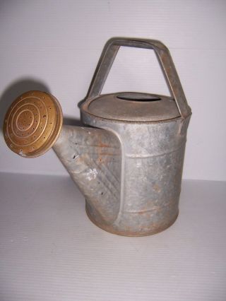 Antique Vintage Galvanized Watering Can With Brass Spout -